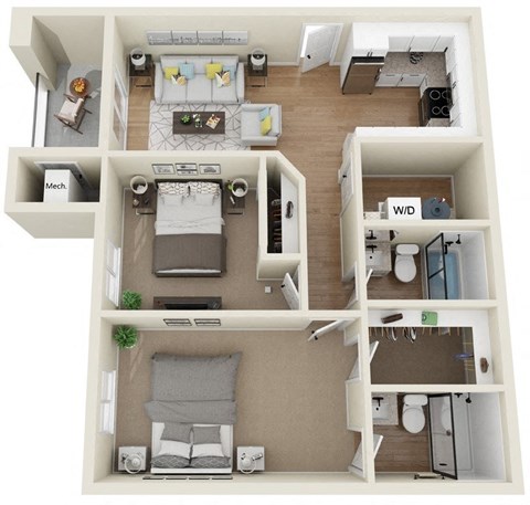Floor plan for 2 beds, 2 baths, 781 sqft